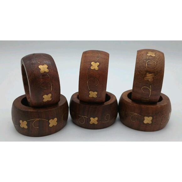 Wooden Napkin Rings Goldtone Inlay Napkin Holder SET OF 6 Handcrafted India - Picture 1 of 5